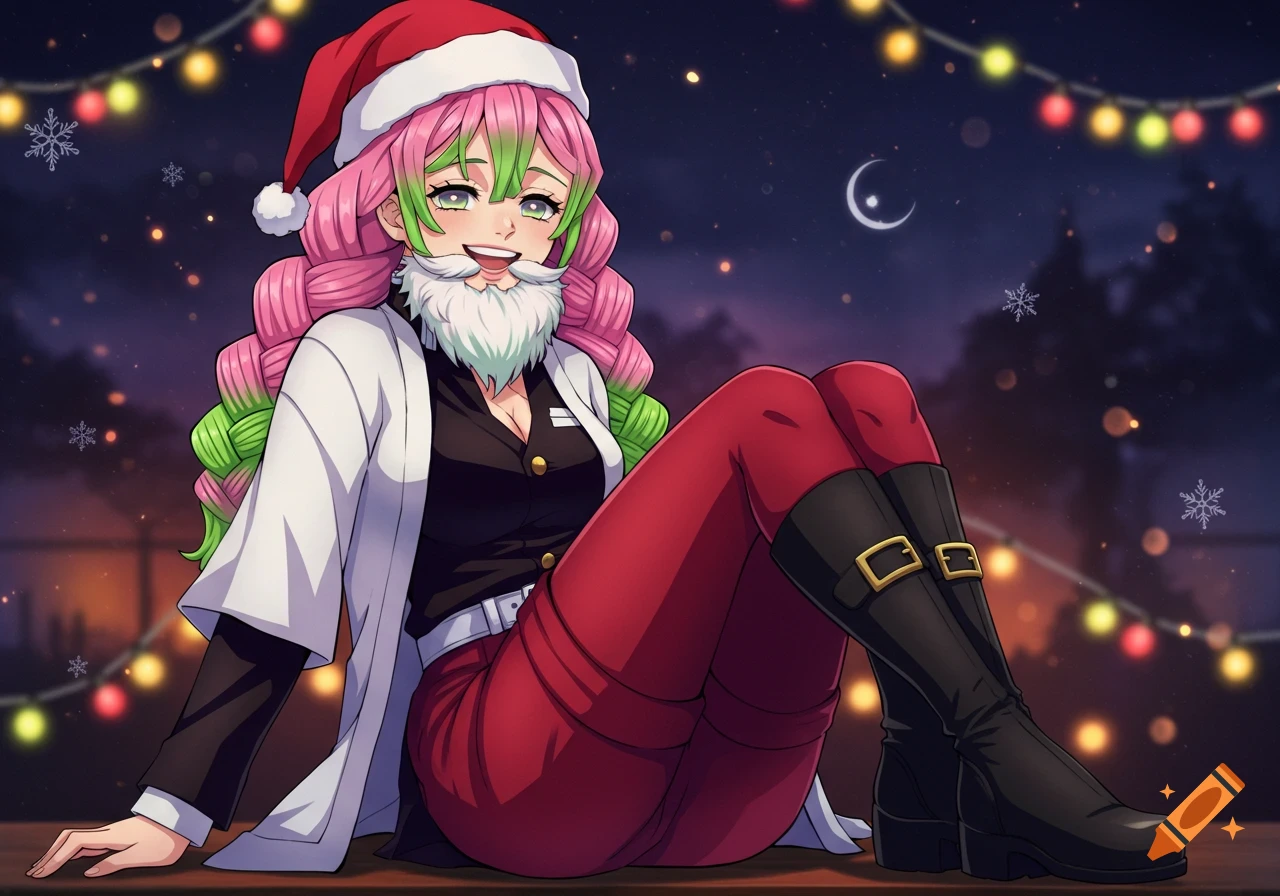 Anime character Mitsuri Kanroji wearing a Santa hat and fake beard, smiling while sitting outdoors at night with Christmas lights.