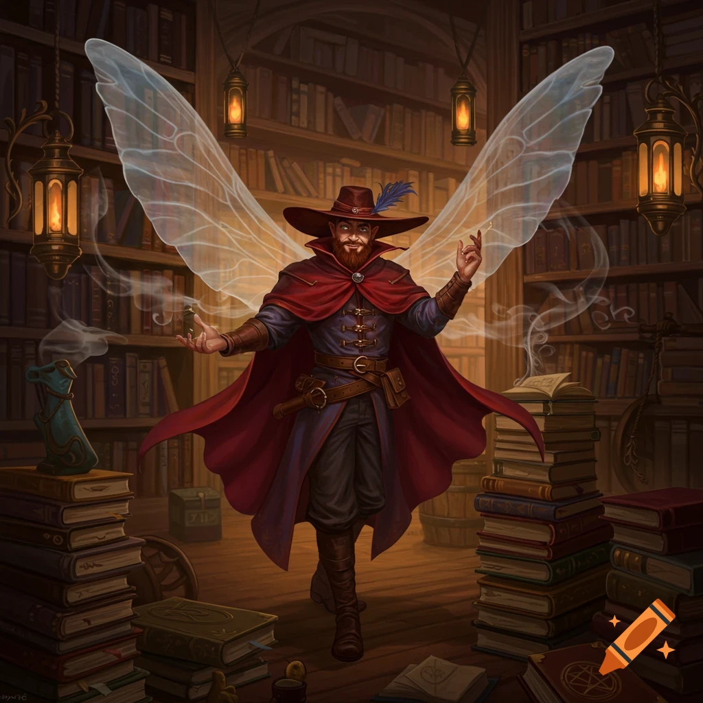 A bearded fairy magician in a red cape and wide-brimmed hat stands in a candlelit library, surrounded by stacks of books.