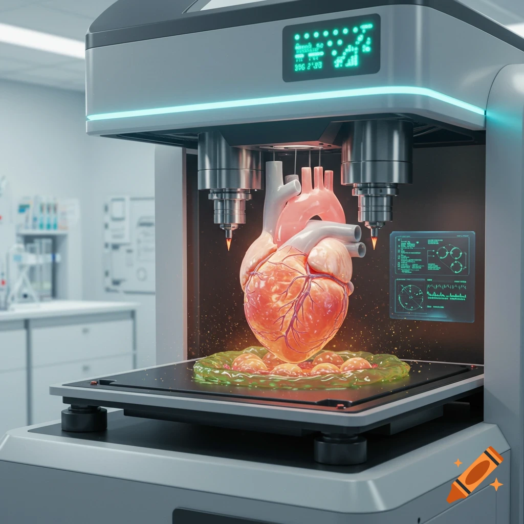 A bioprinter in a laboratory setting creates a realistic human heart, with green data displays on its screens.