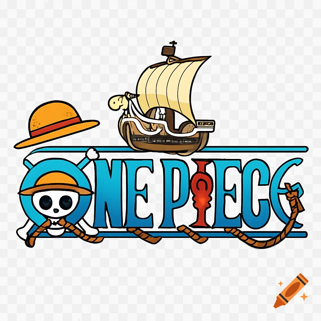One Piece logo featuring the straw hat skull, the Going Merry ship, and the series title in blue, against a transparent background.