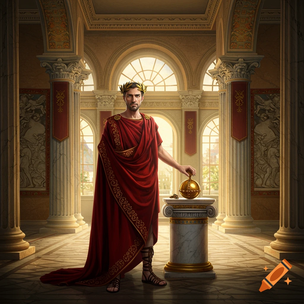 A man dressed as a Roman king with a laurel wreath stands in a grand hall, holding a golden orb.