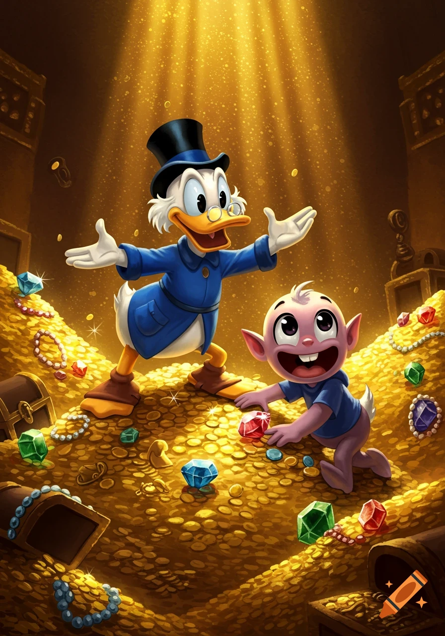 Scrooge McDuck and a pink impish creature stand on a vast pile of glittering gold coins and colorful jewels under golden light.