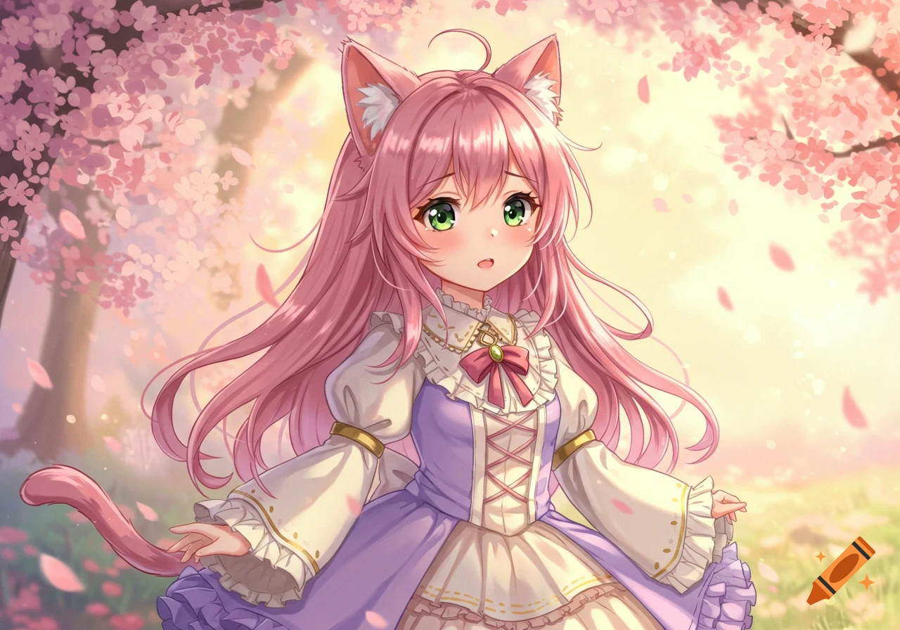 Anime girl with pink hair, cat ears, and tail, wearing a dress, under falling cherry blossoms.