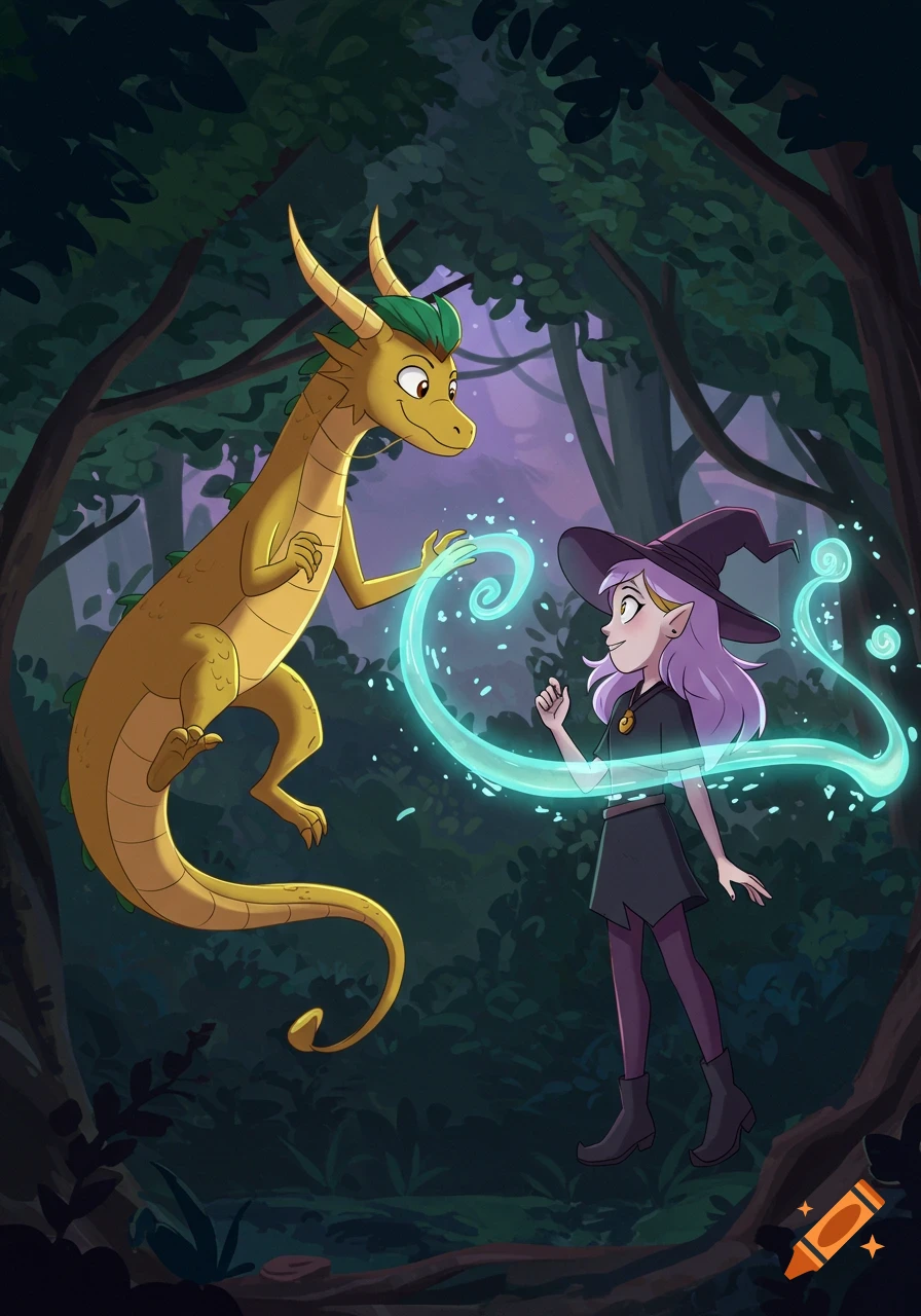 A cartoon yellow dragon and a purple-haired witch interacting with glowing blue magic in a dark forest.