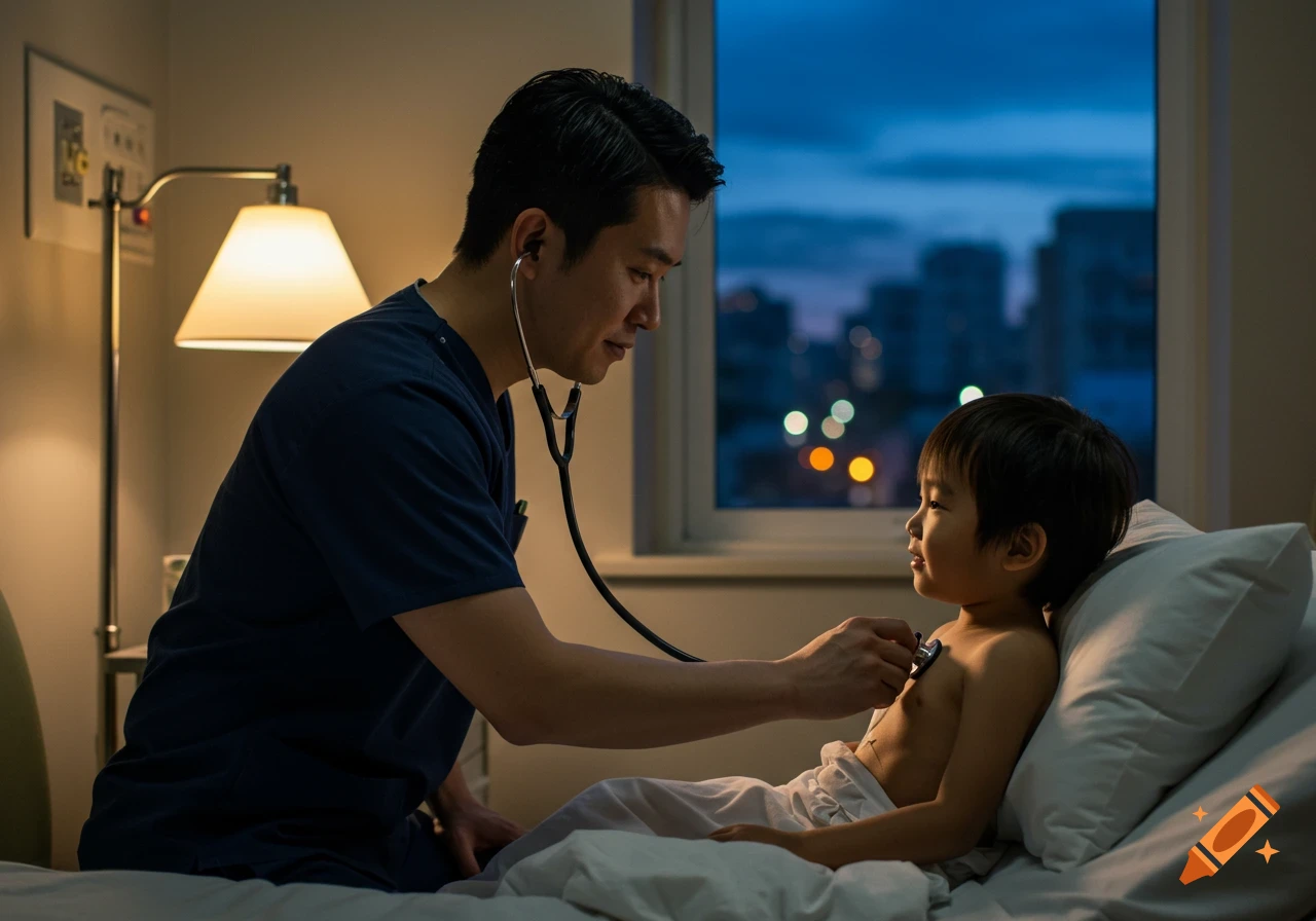 Photorealistic image of a male nurse examining a young Asian patient with a stethoscope in a hospital room at night.