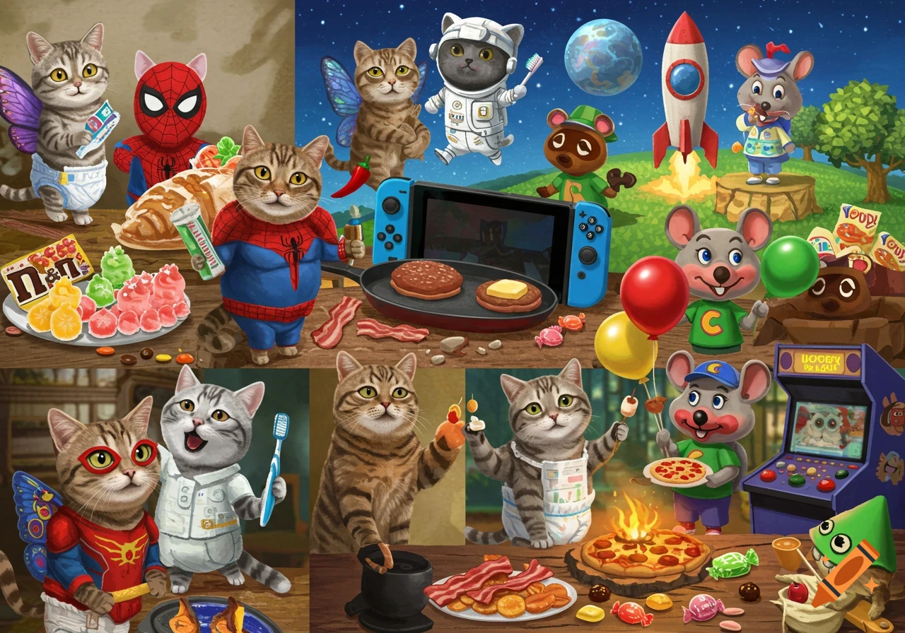 A colorful collage featuring cartoon cats and mice dressed as superheroes, astronauts, and video game characters, eating food and playing games.