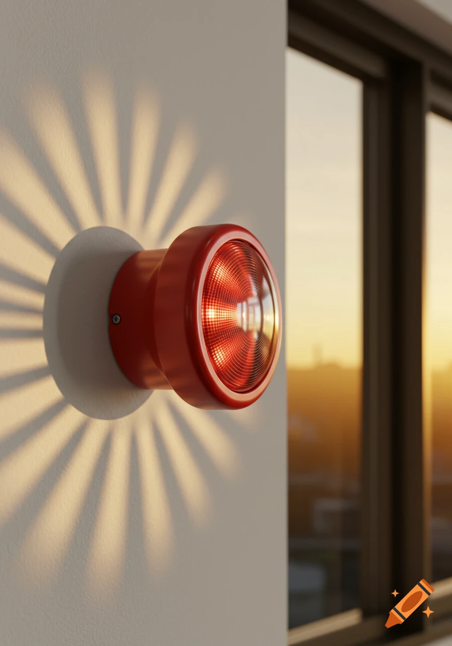 A red horn strobe fire alarm on a white wall, casting light rays, illuminated by warm sunset light from a window.