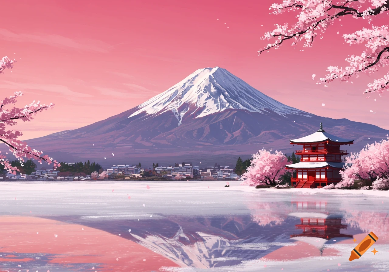 Stylized view of snowy Mount Fuji reflecting in a frozen lake, flanked by a red Japanese pagoda and pink cherry blossoms under a vibrant pink sky.