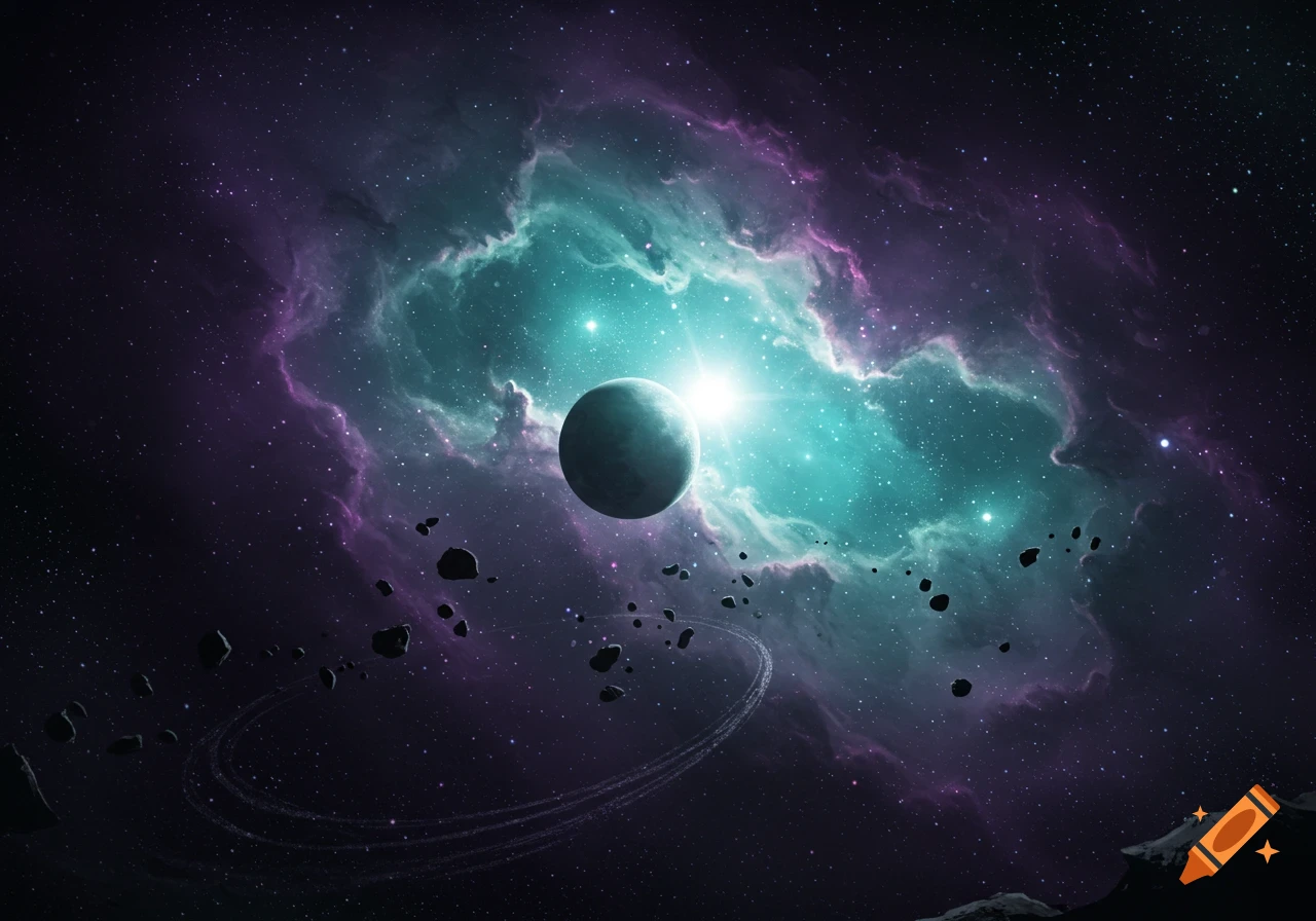 A planet orbited by asteroids against a vibrant purple and teal nebula with a bright star.