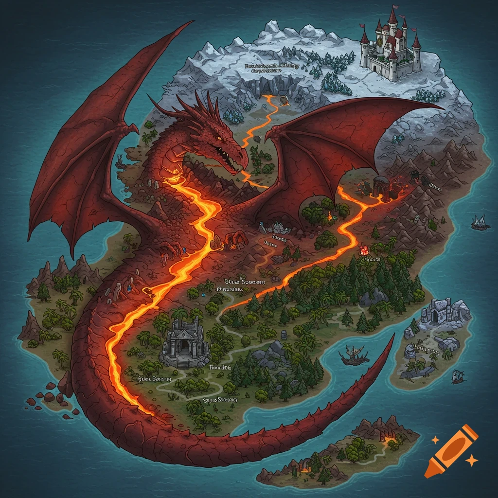An intricate fantasy map of a dragon-shaped island, featuring a red dragon with a lava river flowing along its body. The island includes an icy mountainous region with a castle, a lush jungle, and various labeled locations like Stone Sanctuary.