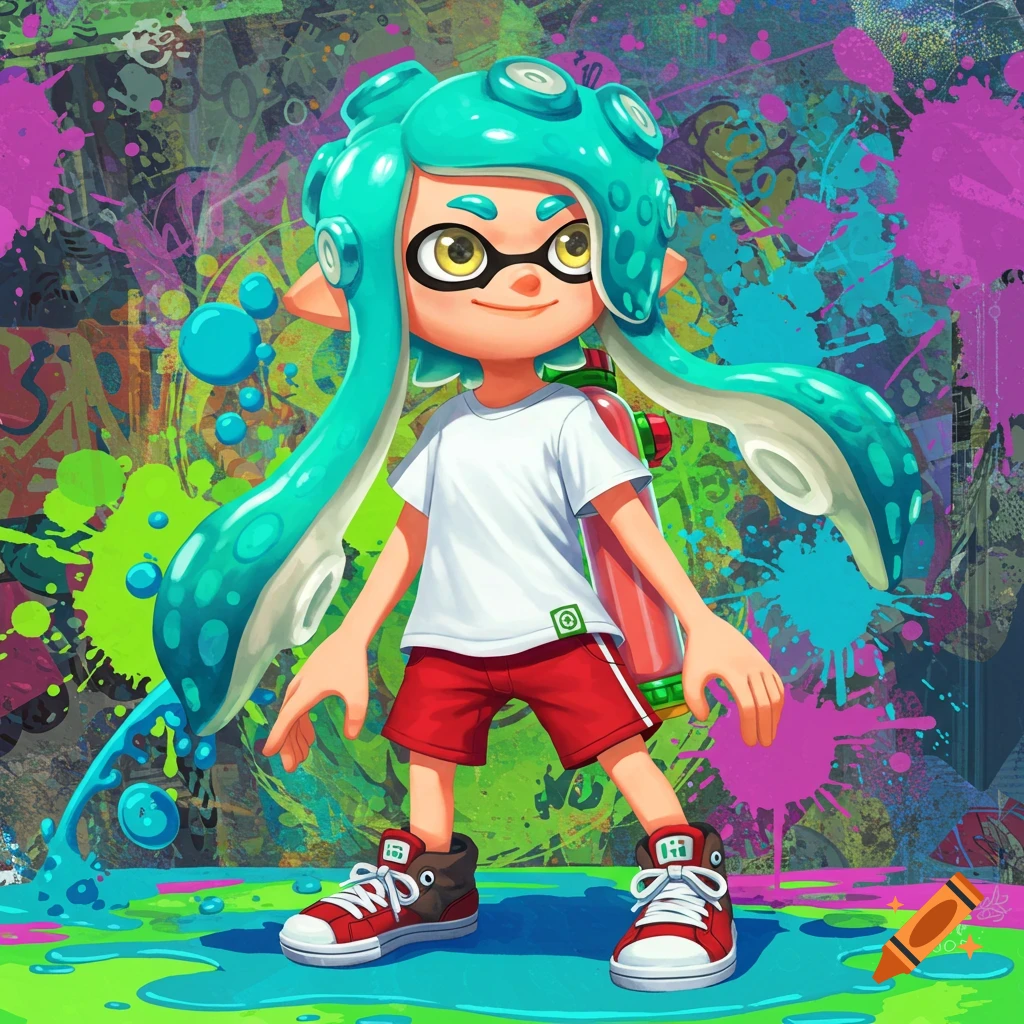 A stylized Splatoon Inkling character with turquoise tentacles, black glasses, a white t-shirt, red shorts, and red sneakers stands in a vibrant, colorful, graffiti-splattered environment with blue ink on the ground.