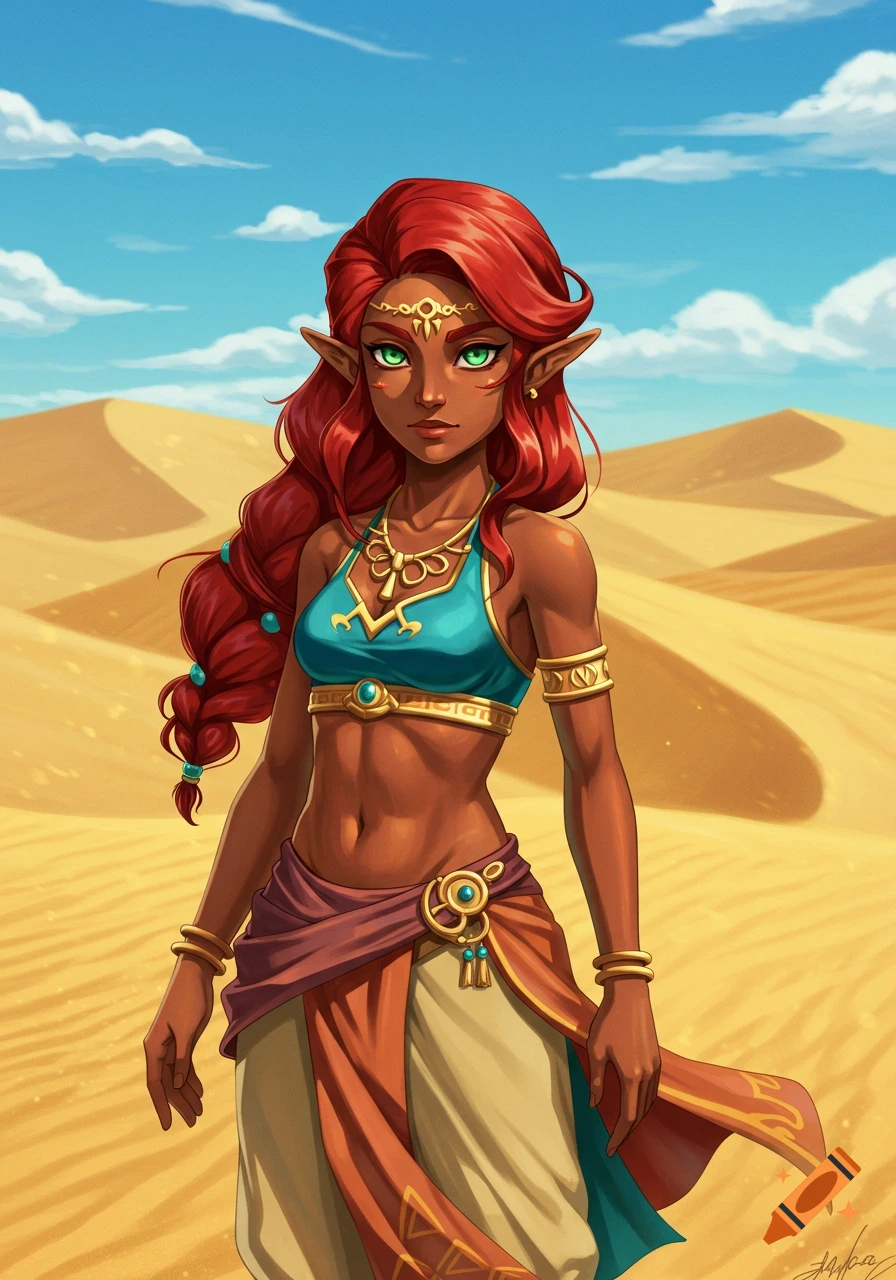 A dark-skinned woman with long red hair and pointed ears in Gerudo attire stands in a desert with sand dunes under a blue sky, in a vibrant video game art style.