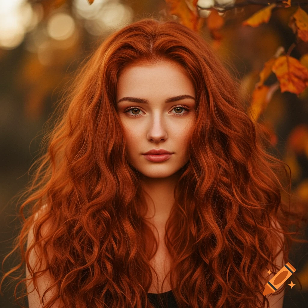 A young woman with long, curly auburn hair and green eyes, looking forward, in an autumnal outdoor setting.