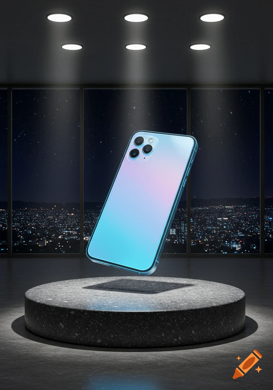 A light blue and pink gradient smartphone floats above a dark grey circular pedestal in a modern room, overlooking a glowing city skyline at night.