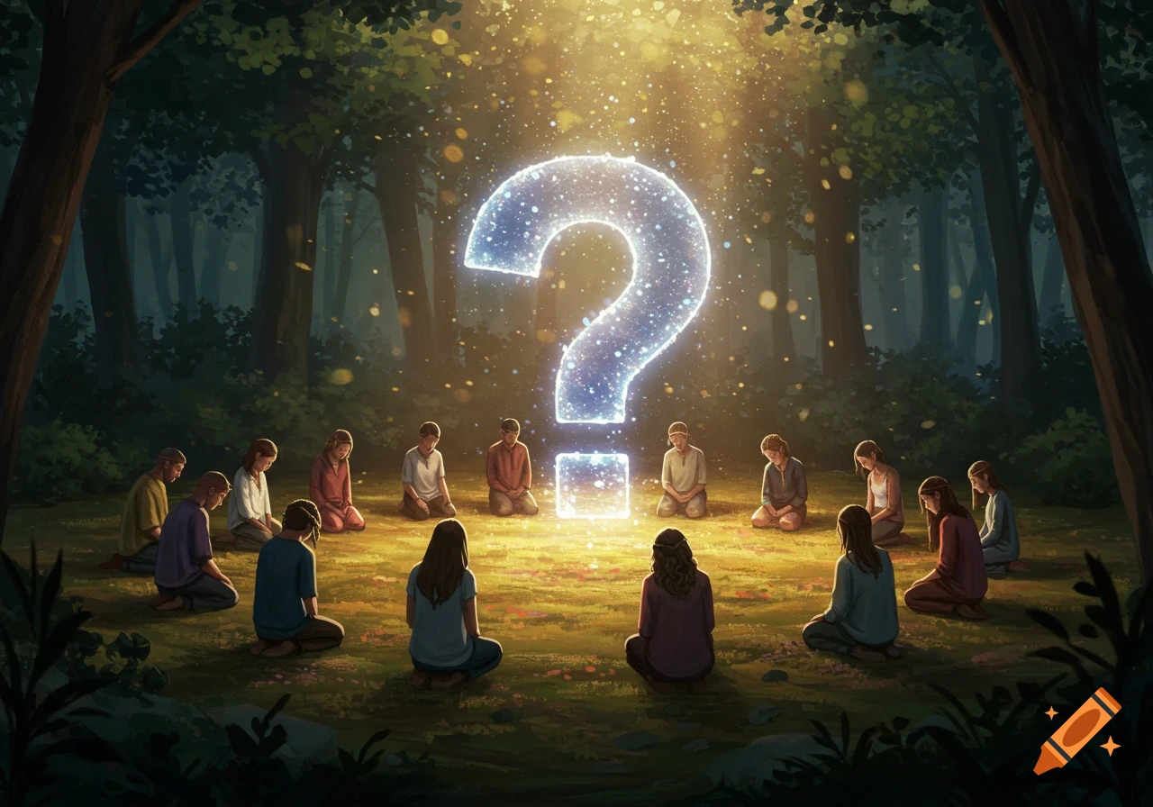 Illustrative fantasy art of people bowing in a circle around a glowing question mark in a sunlit forest.