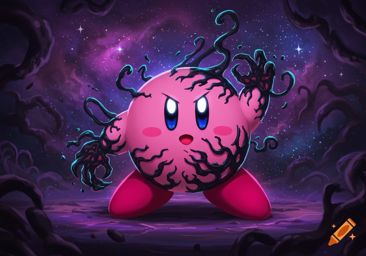 A fierce pink Kirby is covered in black symbiote tendrils, with glowing white eyes, against a dark purple cosmic background.