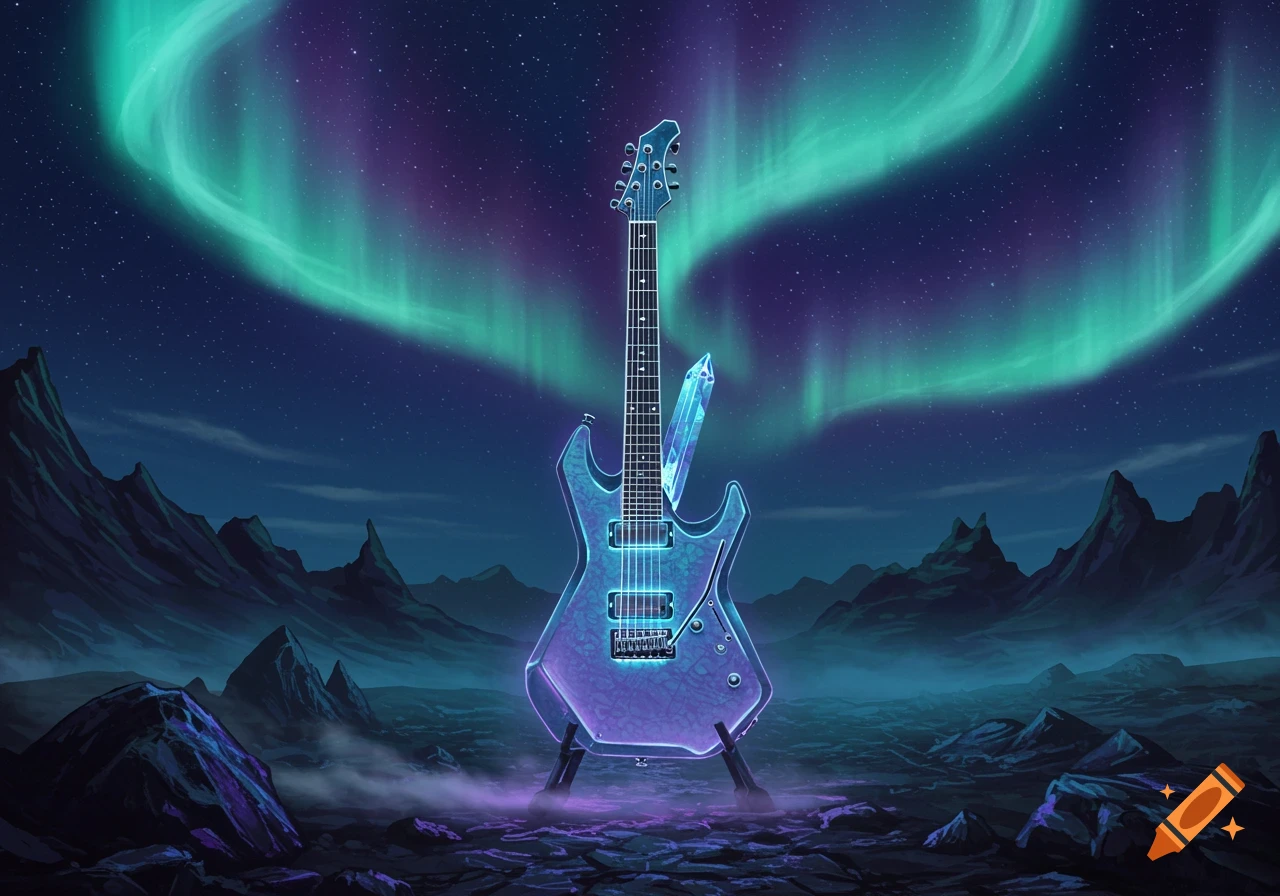 A glowing blue and purple crystal guitar stands on a dark, rocky landscape under a starry sky with a vibrant green aurora borealis.