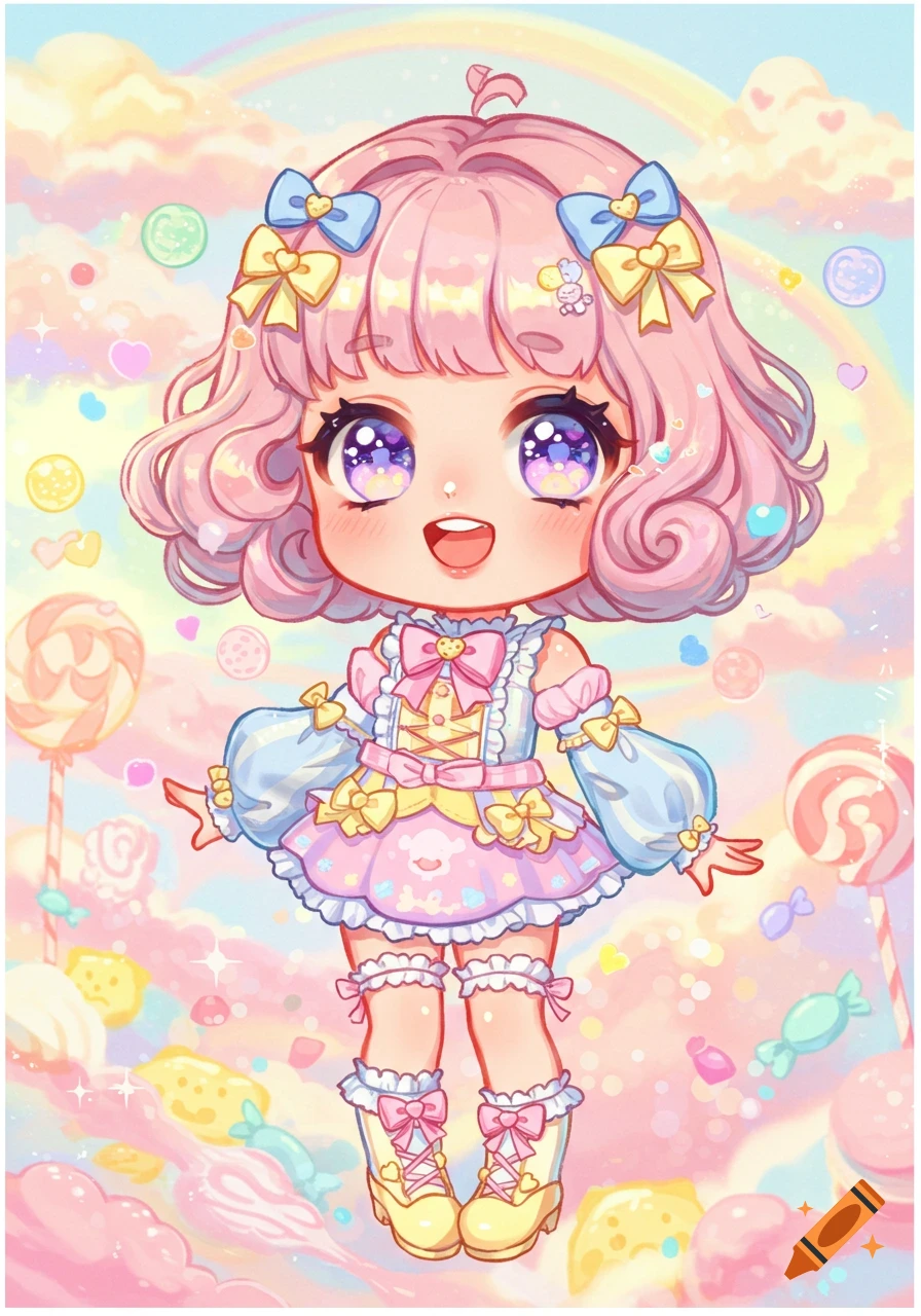 A cute chibi anime girl with pink hair and a frilly pastel dress, surrounded by candies and a rainbow in a whimsical setting.