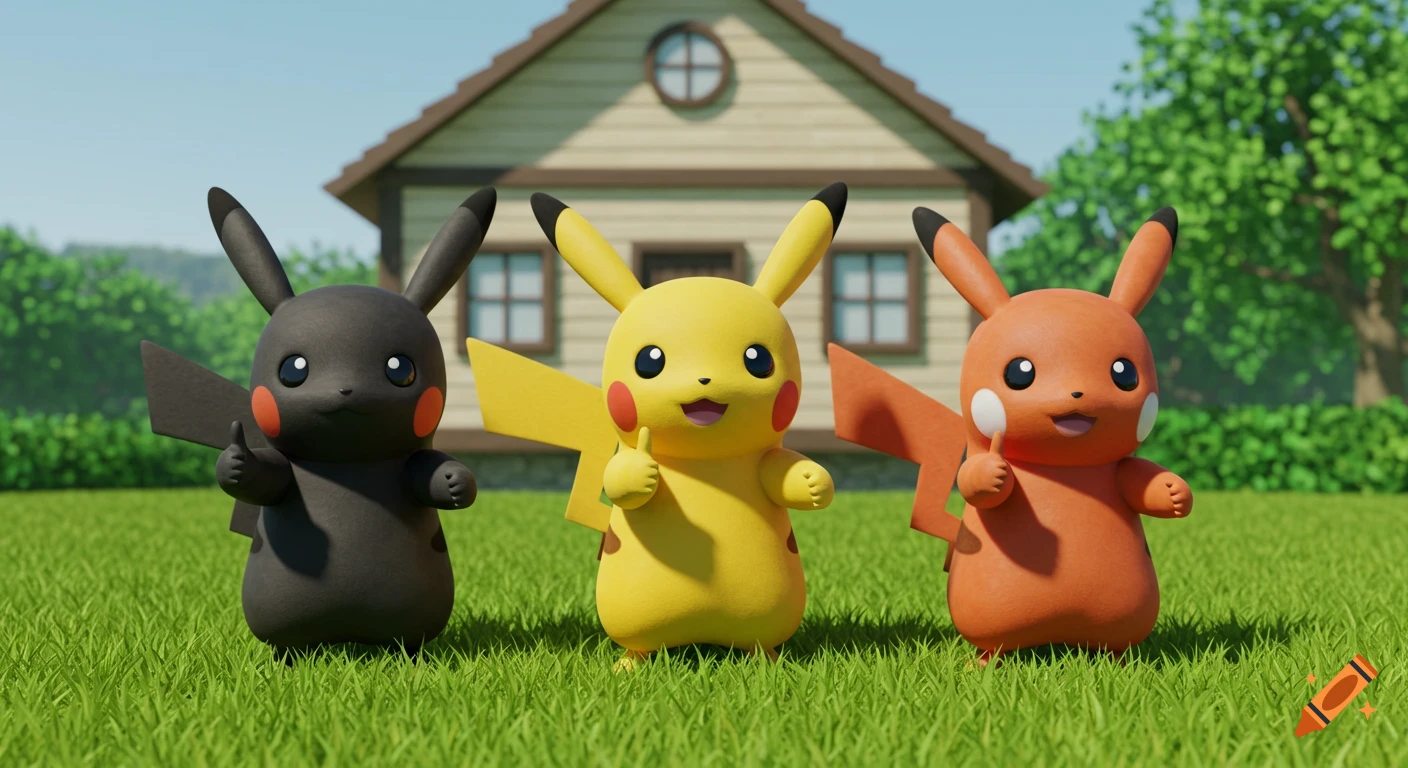 Three cartoon Pikachus: one black, one yellow, and one orange, stand in green grass in front of a wooden house under a sunny sky. All give a thumbs up.