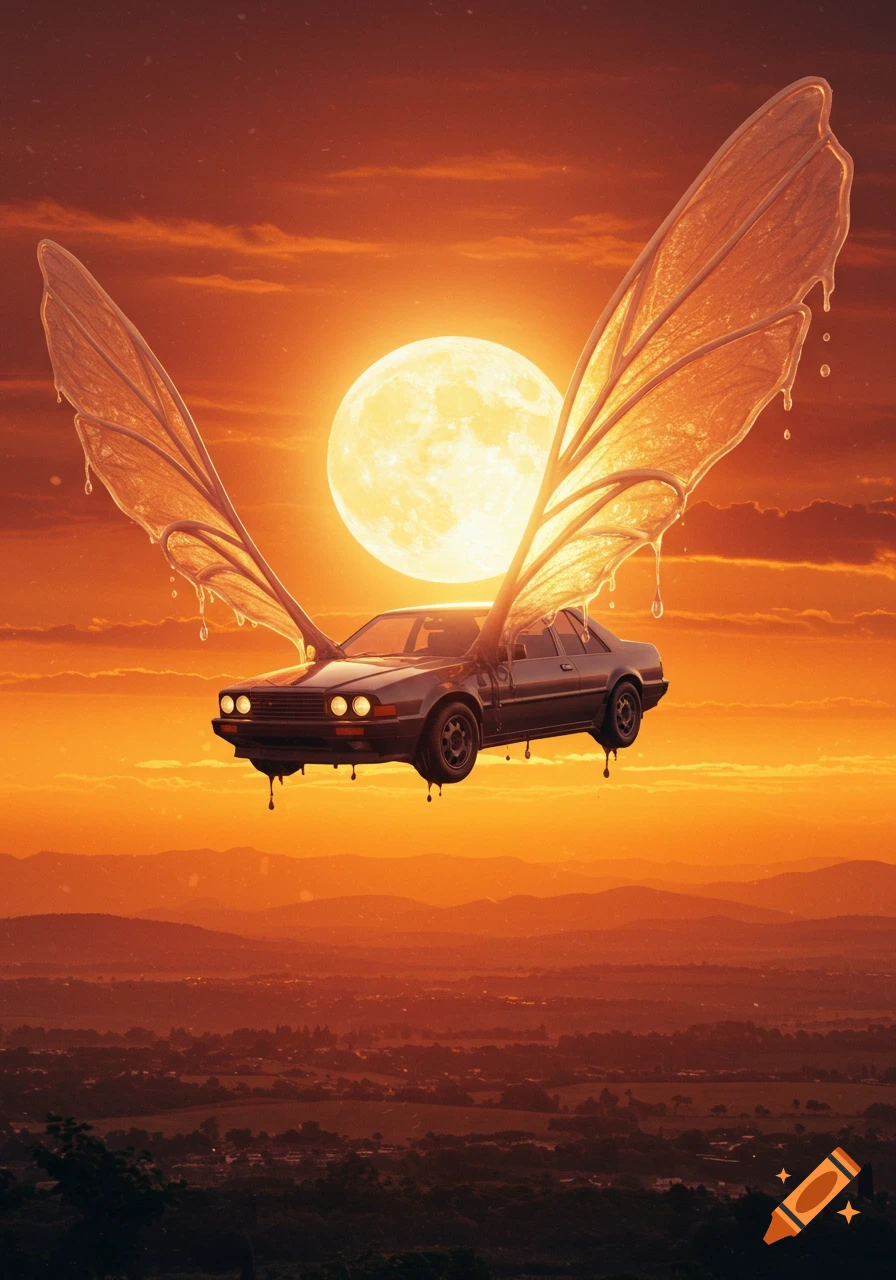 A dark car with melting, translucent wax wings flies through an orange sunset sky towards a bright full moon over a landscape.