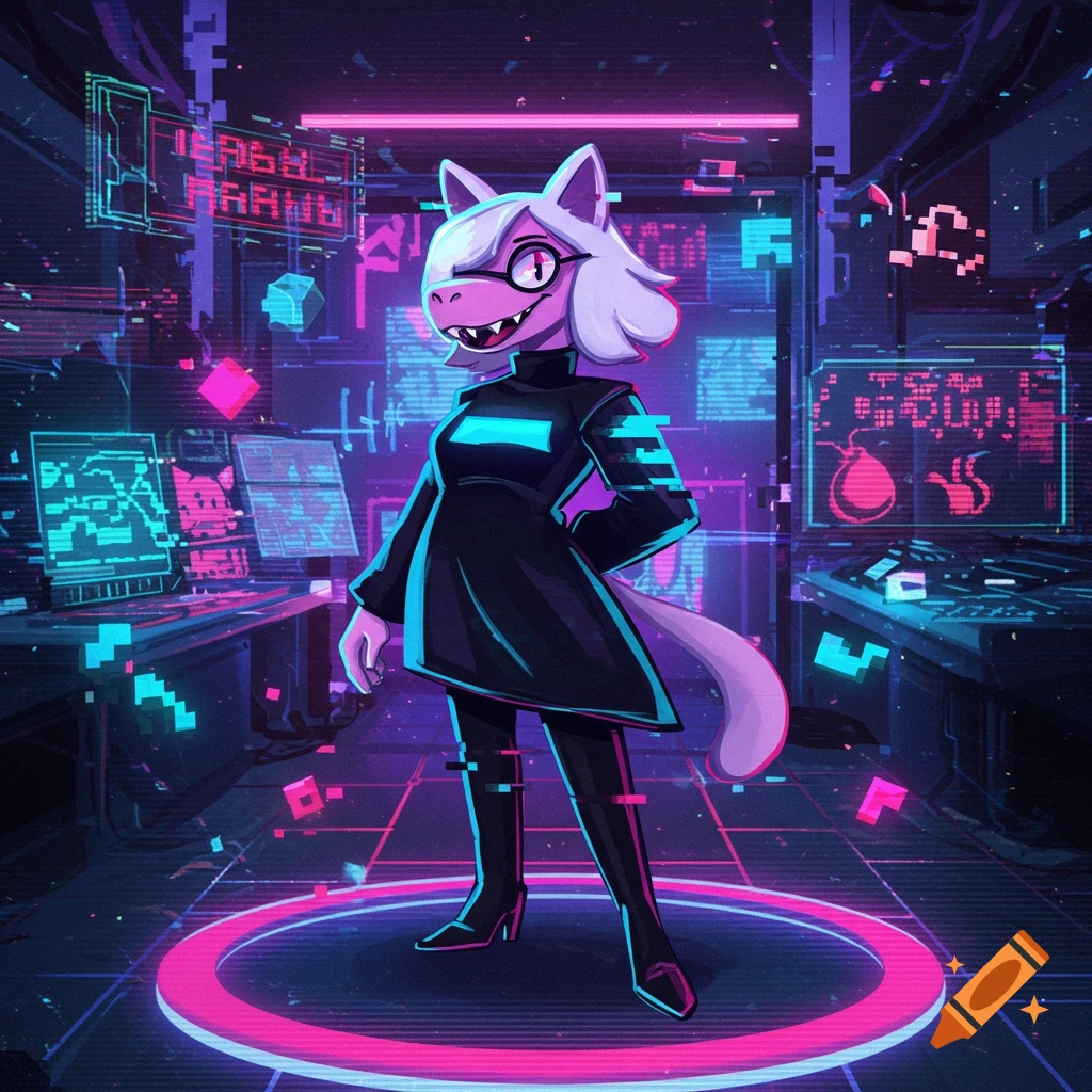 A stylized white cat-like creature with purple skin and large teeth, wearing a black dress, stands in a neon-lit cyberpunk room filled with holographic screens and digital glitches.