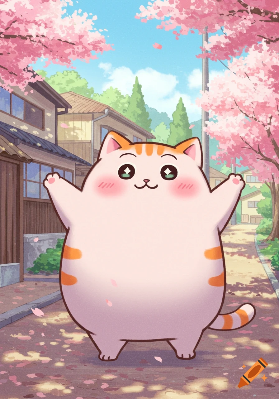 A chubby orange and white cartoon cat with arms raised stands on a path lined with pink cherry blossom trees and houses under a blue sky.