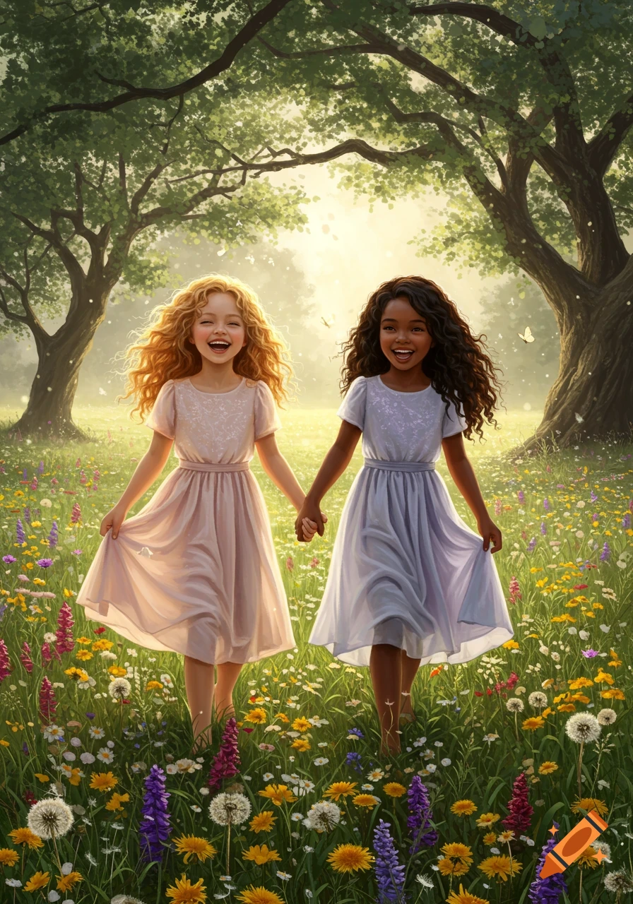 Two smiling girls, one blonde and one with dark hair, walk hand-in-hand through a sunlit field of wildflowers with trees, in an illustration.