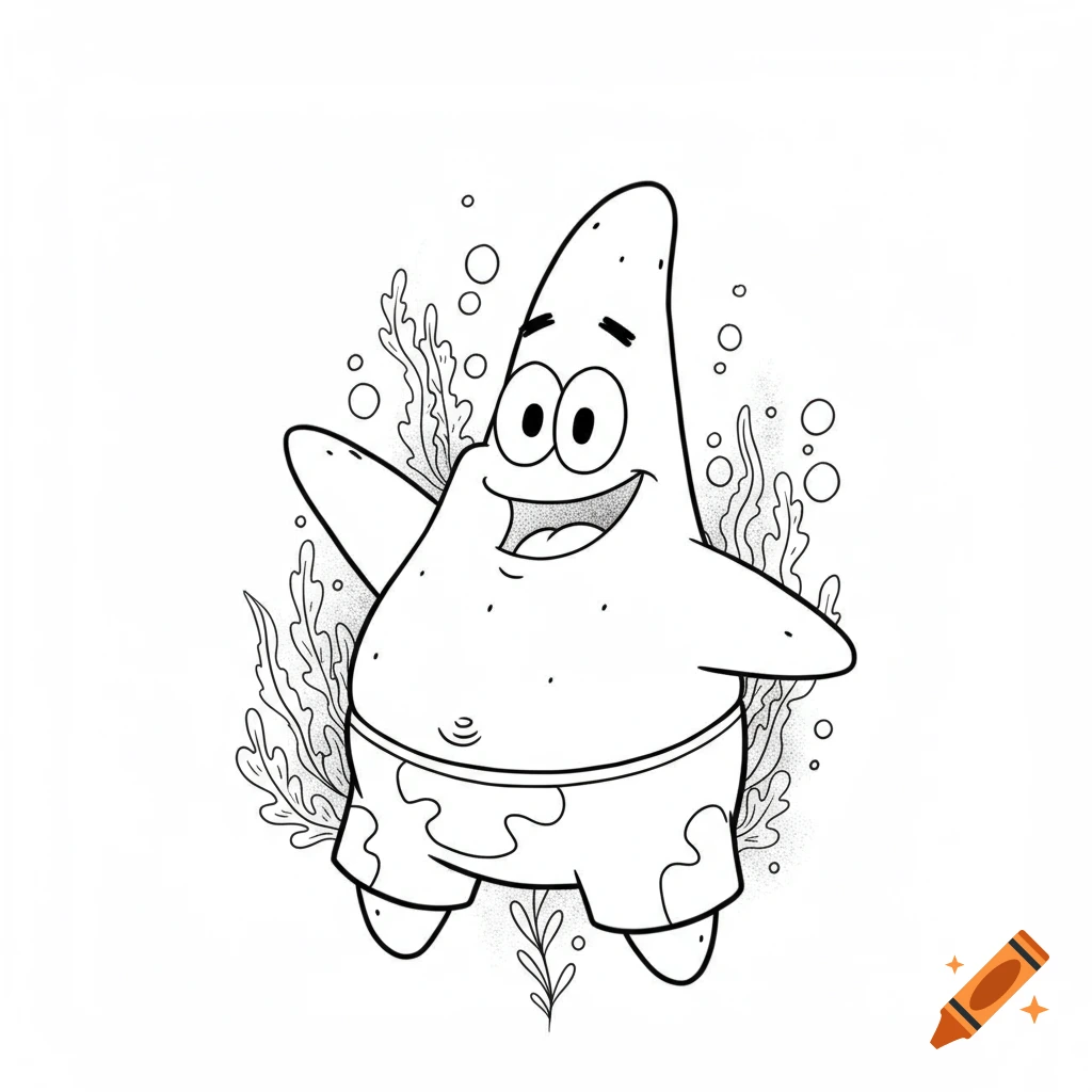 Black and white line art drawing of Patrick Star smiling with seaweed and bubbles.