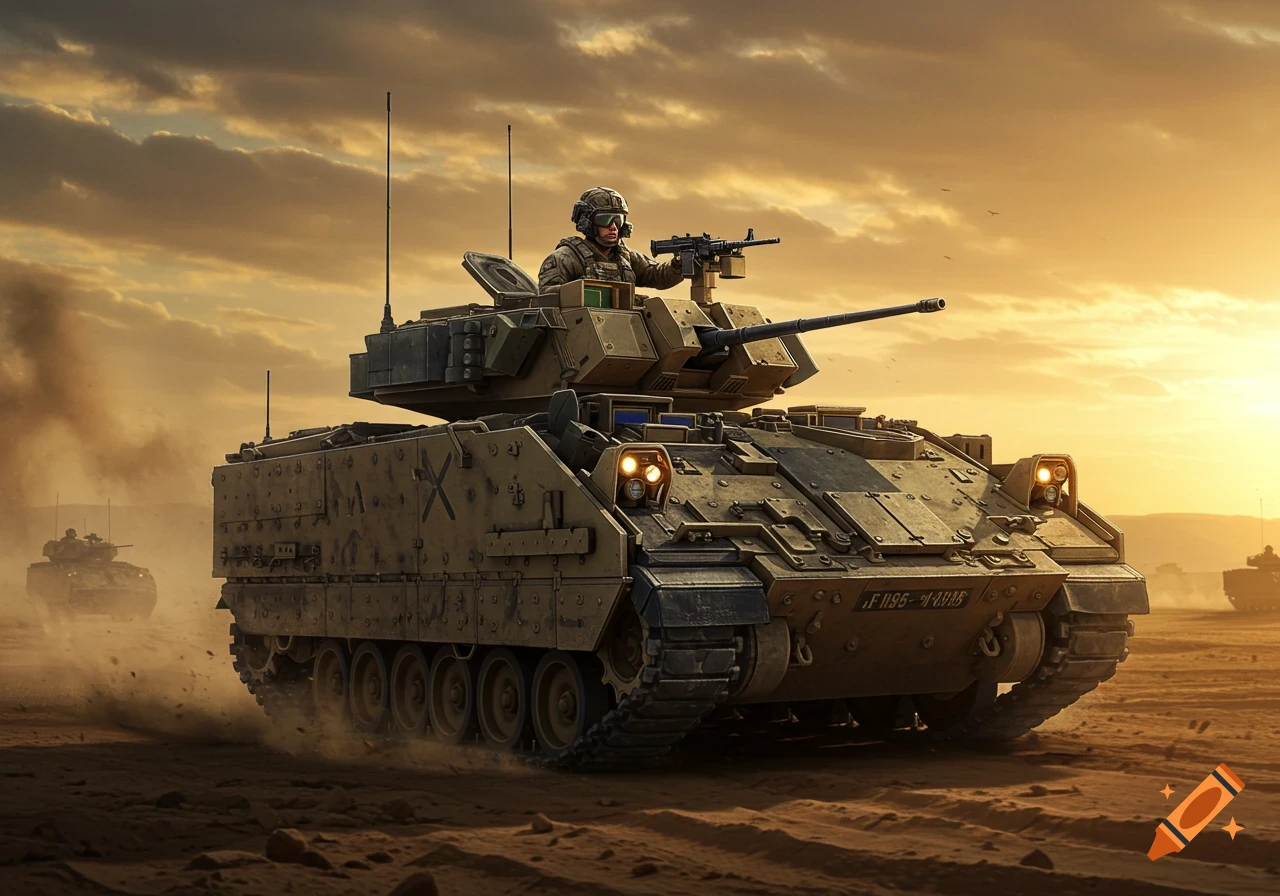 A photorealistic Bradley IFV military tank with a soldier in the hatch drives through a dusty desert at sunset, kicking up dirt.
