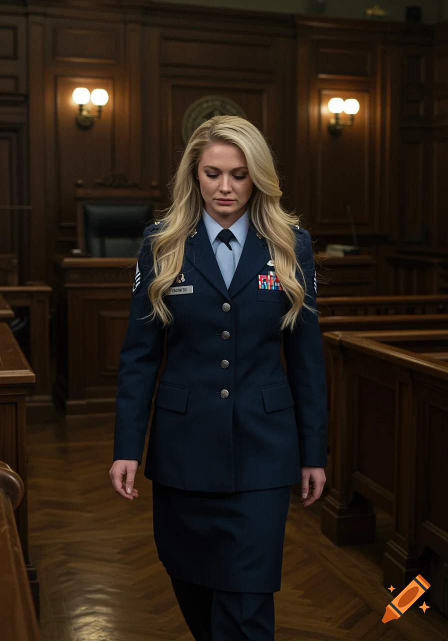 Photorealistic image of a blonde woman in an Air Force uniform walking sadly through a courtroom.