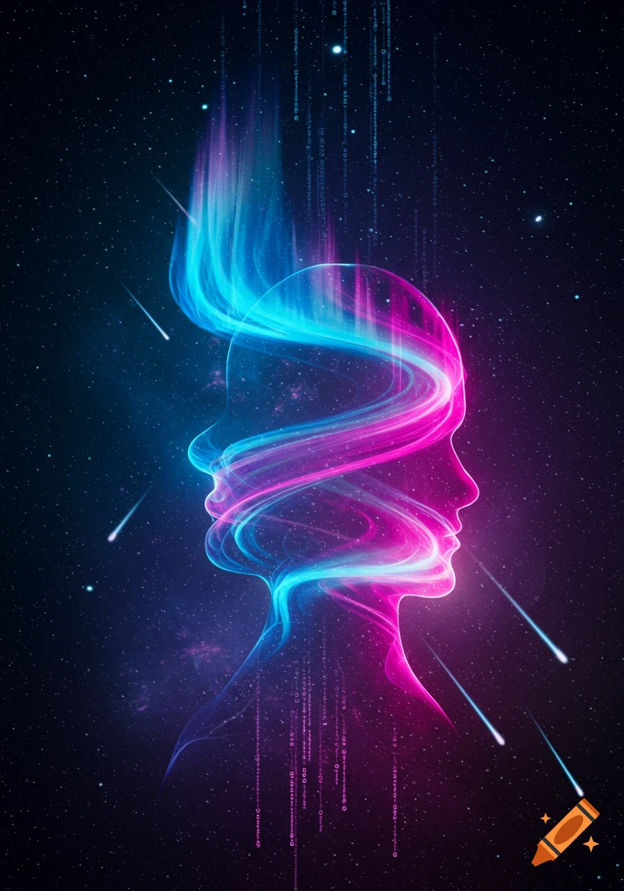 Abstract neon blue and pink light trails form two human head silhouettes in a starry cosmic background.