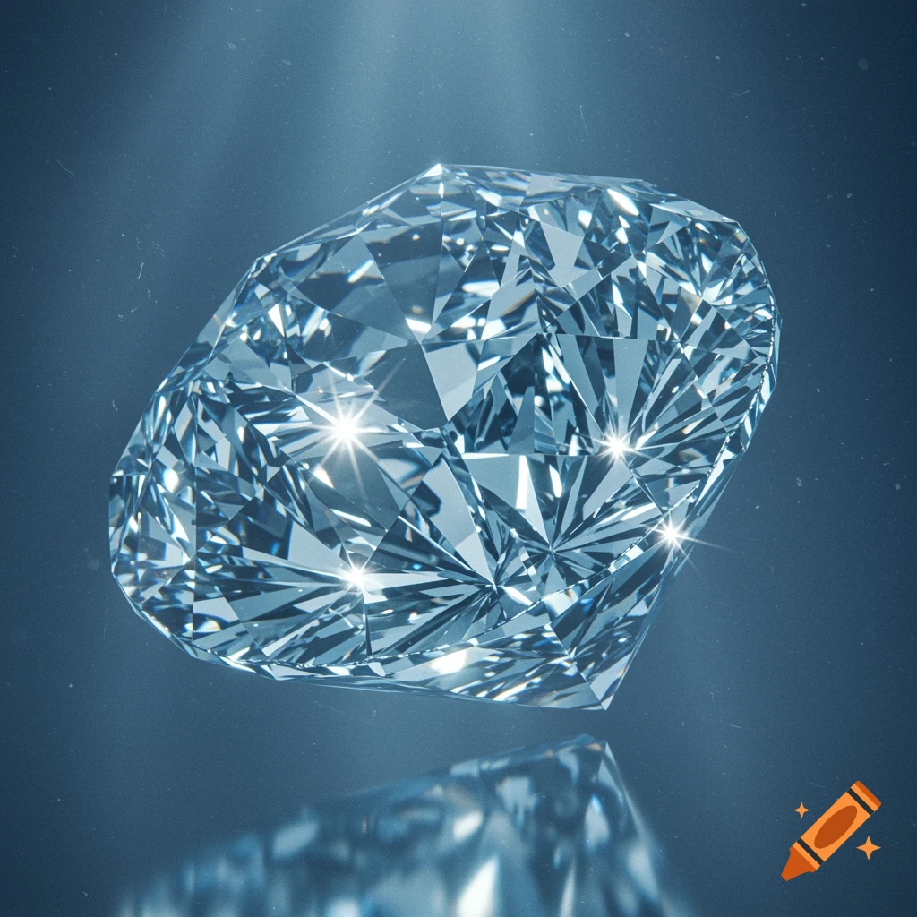 A sparkling, icy blue diamond with multiple facets floats above a reflective surface against a deep blue background.