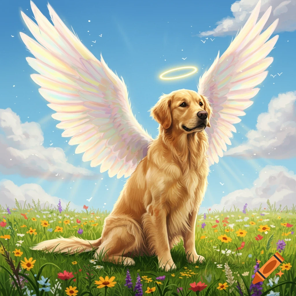 Illustrative image of a Golden Retriever with angel wings and a halo sitting in a field of colorful wildflowers.