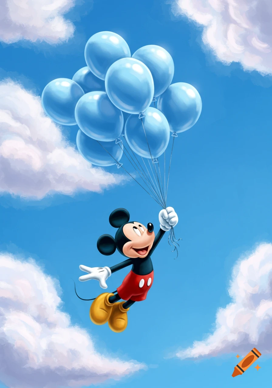 Mickey Mouse flying in a blue sky, holding a large bunch of light blue balloons, with fluffy white clouds.