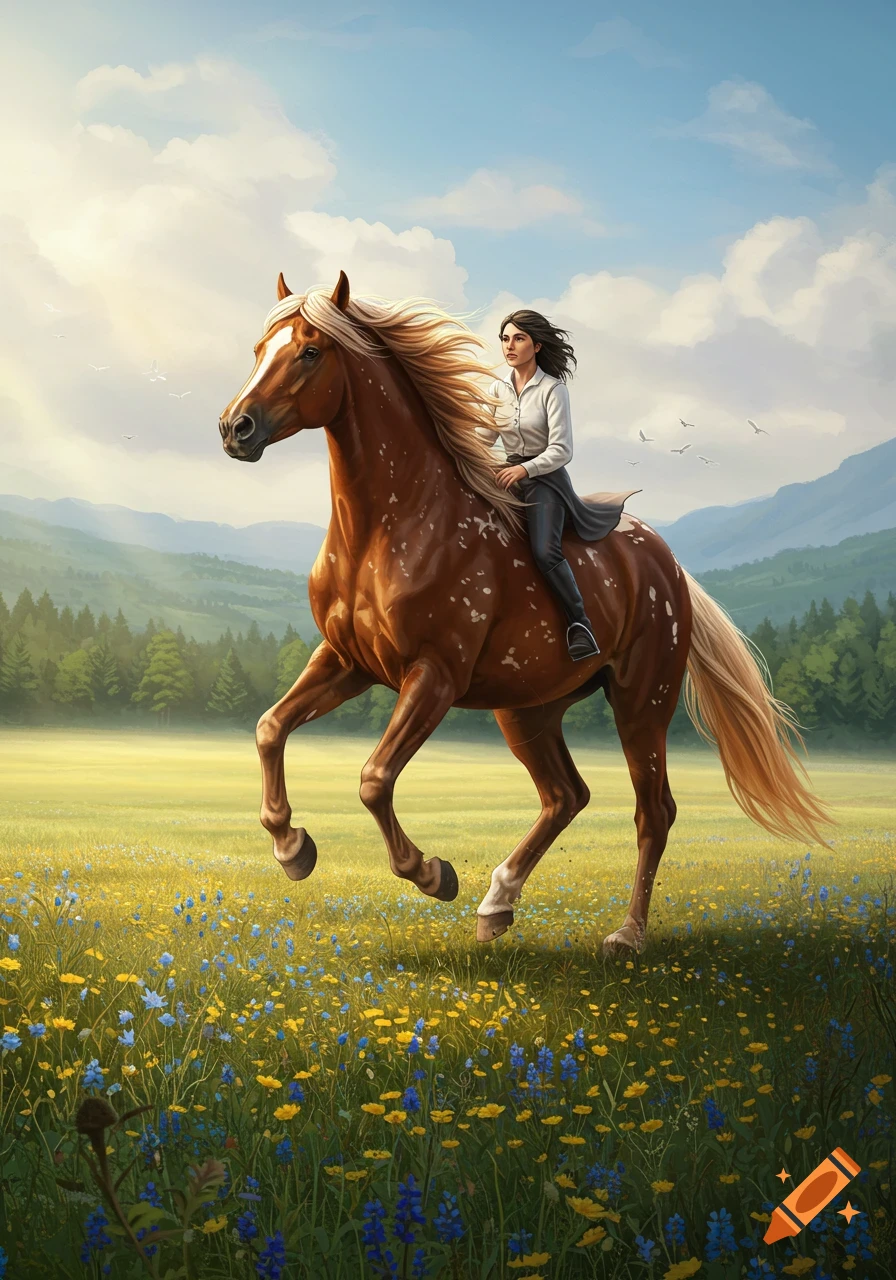 A woman with dark hair rides a brown horse with a flowing blonde mane through a field of yellow and blue wildflowers, with mountains and a bright sky in the background. The image is in an illustrative style.