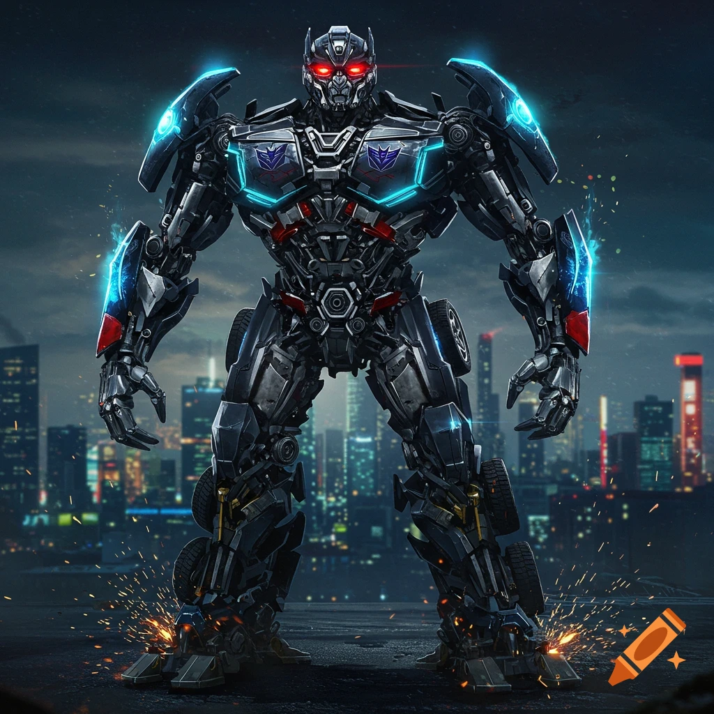 A detailed, dark Decepticon robot with glowing red eyes and blue accents stands on a city rooftop at night with sparks flying from its feet, photorealistic style.