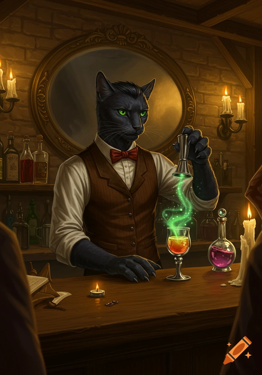 A black humanoid cat bartender with glowing green eyes pours a magical green liquid into a drink at a rustic bar, in a fantasy art style.