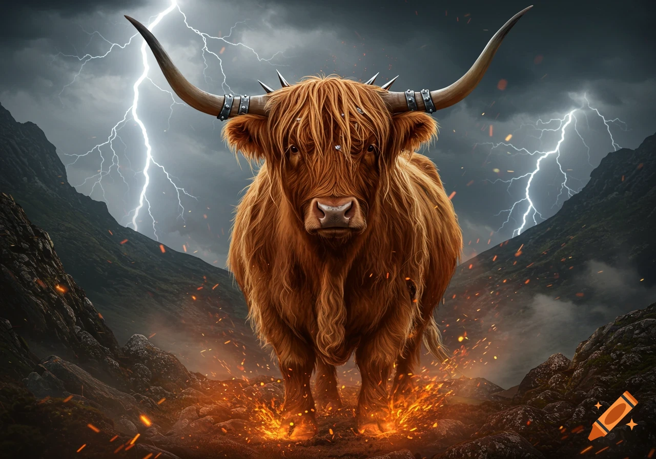 A powerful, shaggy Highland cow with large horns and spiked bands stands on fiery ground under a stormy, lightning-filled sky.