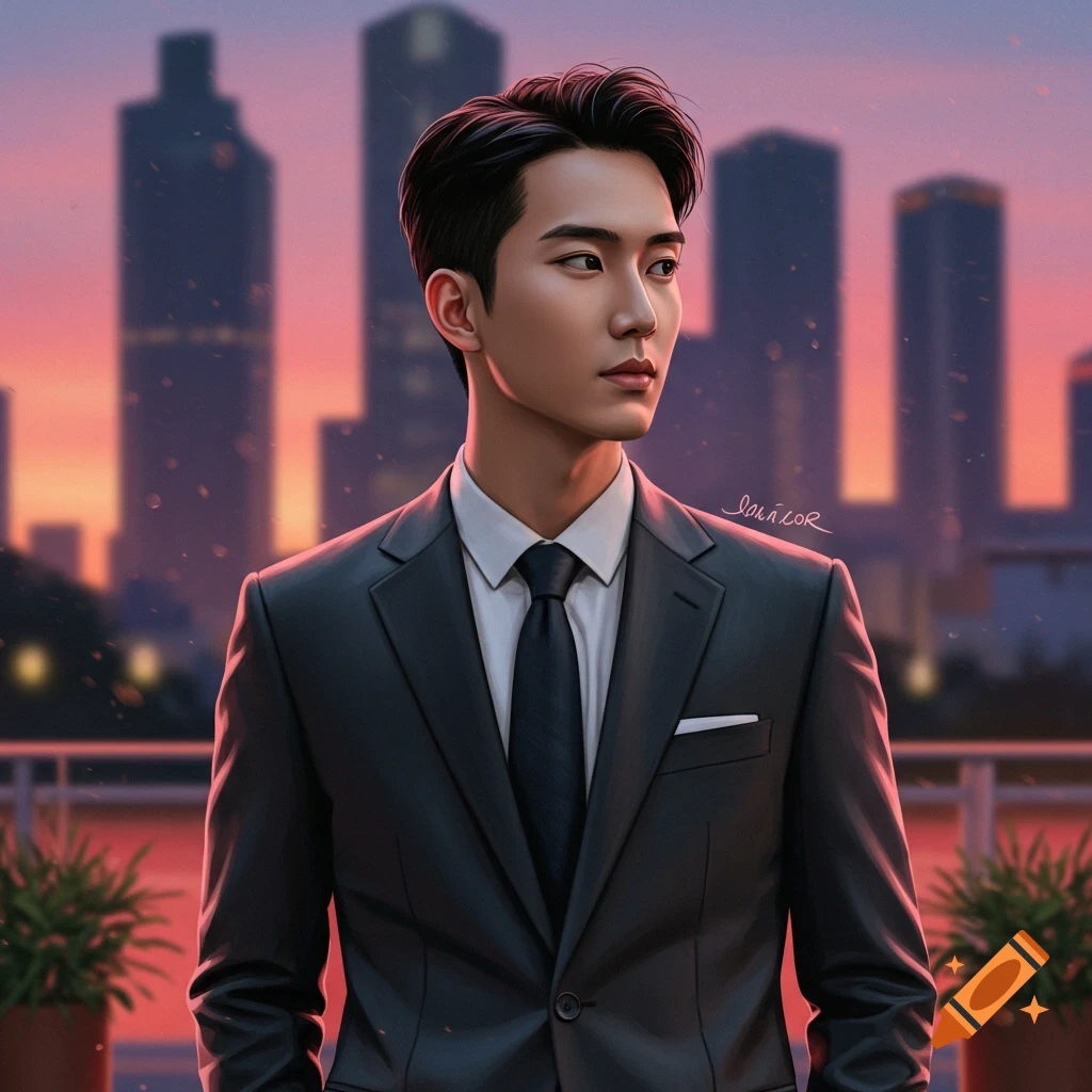Handsome Asian man in a dark suit standing on a balcony overlooking a city skyline at sunset, digital art style.