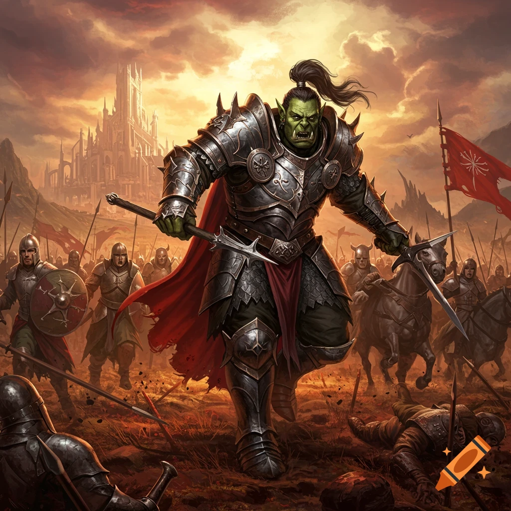 An armored green orc warrior leads an army of soldiers and cavalry into battle on a fiery plain against a distant castle at sunset.