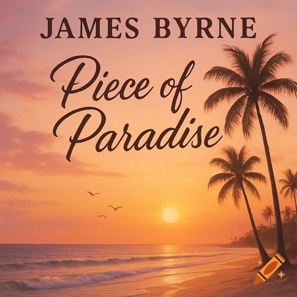 Album cover featuring a sunset beach with palm trees and the text 'James Byrne Piece of Paradise'.
