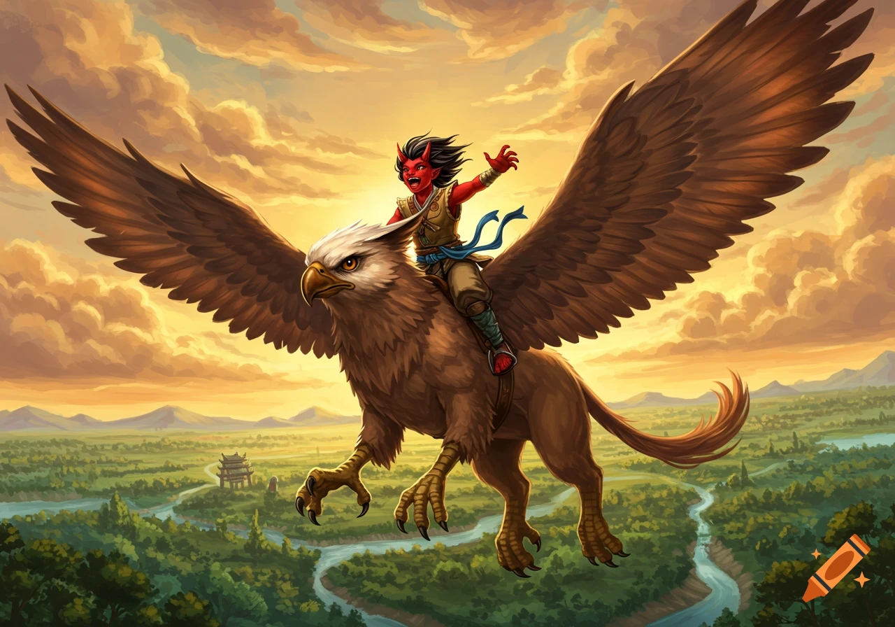 A red-skinned, horned character rides a majestic griffon over a lush green landscape with rivers under a golden, cloudy sky, digital painting.