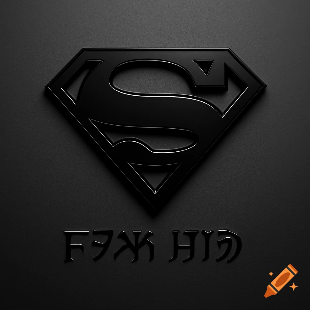 A black, embossed Superman logo on a dark gray background, with black text resembling the Kryptonian alphabet beneath it.