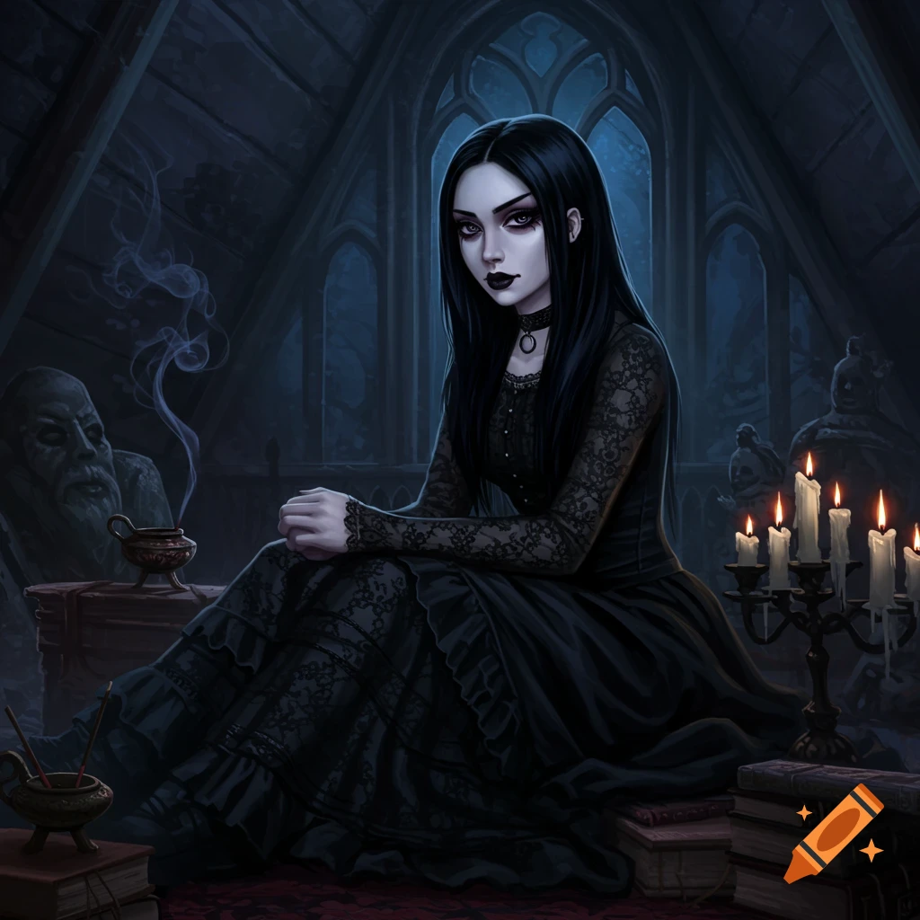 A dark fantasy illustration of a goth girl sitting in a gloomy gothic room with candles, books, and statues.