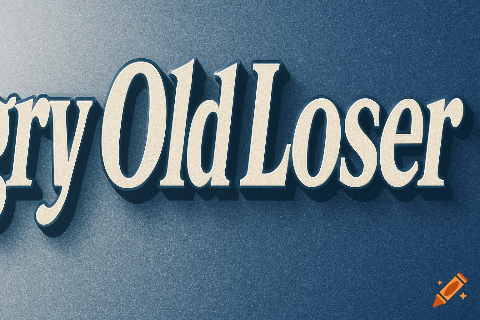 Close-up of the 3D text 'Angry Old Loser' in a vintage, textured white font with a dark shadow on a grainy blue background.