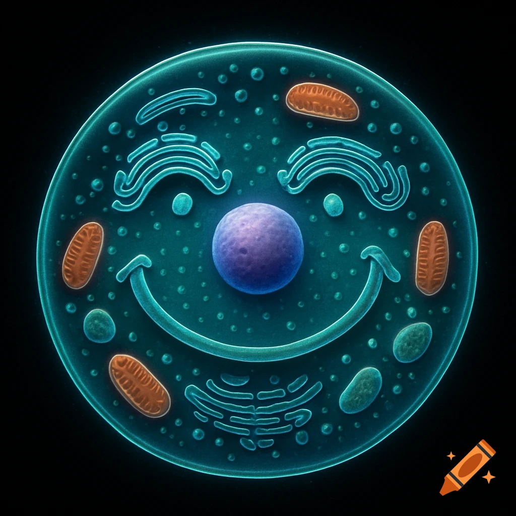 A vibrant blue-green eukaryotic cell with orange mitochondria, arranged to form a cheerful smiley face against a dark background, glowing brightly.