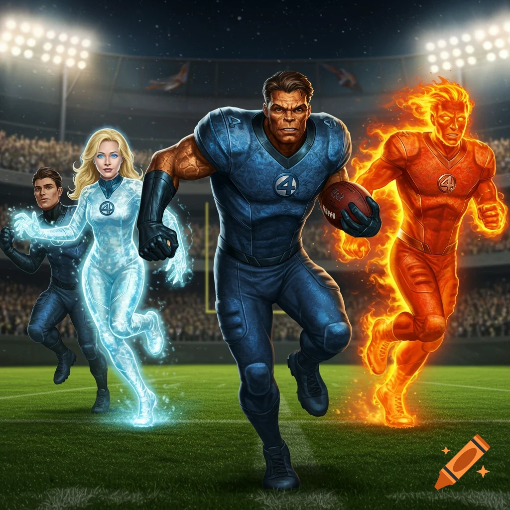 The Fantastic Four, including Mr. Fantastic, Invisible Woman, The Thing, and Human Torch, playing football in a stadium at night.