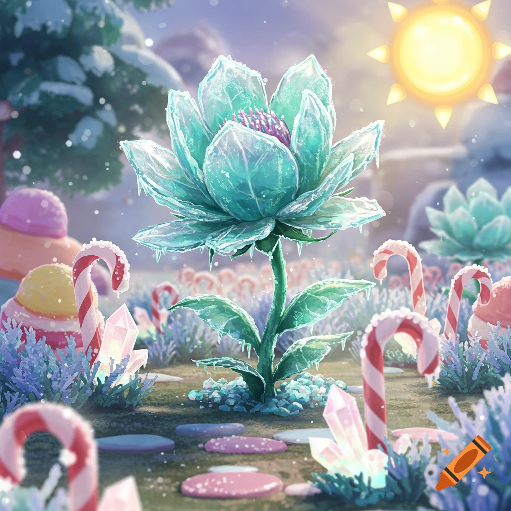 A vibrant fantasy landscape featuring a glowing frozen blue flower surrounded by snowy ground, candy canes, and sparkling pink crystals under a sunny sky.
