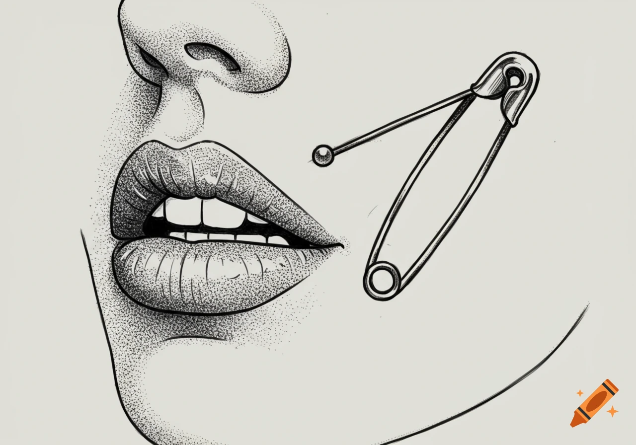Black and white stipple art drawing of a woman's lower face, featuring lips, nose, and a safety pin piercing her cheek.