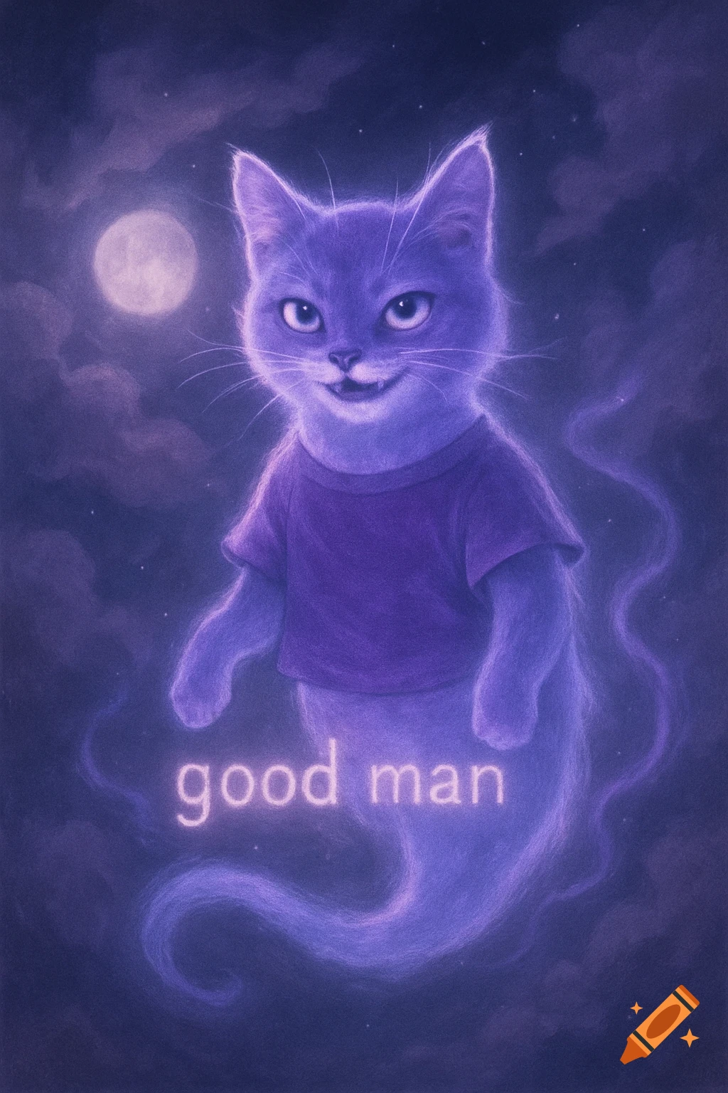 A glowing purple ghost cat wearing a purple t-shirt floats against a dark, cloudy night sky with a full moon. The words 'good man' glow beneath it.